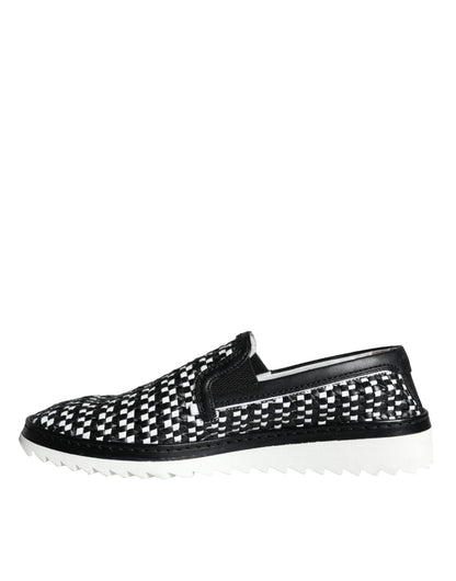 Dolce & Gabbana Black White Weaved Slip On Men Loafers Shoes - SMARTMARTNZ