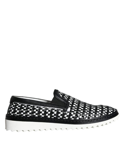 Dolce & Gabbana Black White Weaved Slip On Men Loafers Shoes - SMARTMARTNZ