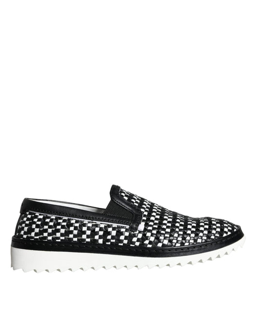Dolce & Gabbana Black White Weaved Slip On Men Loafers Shoes - SMARTMARTNZ