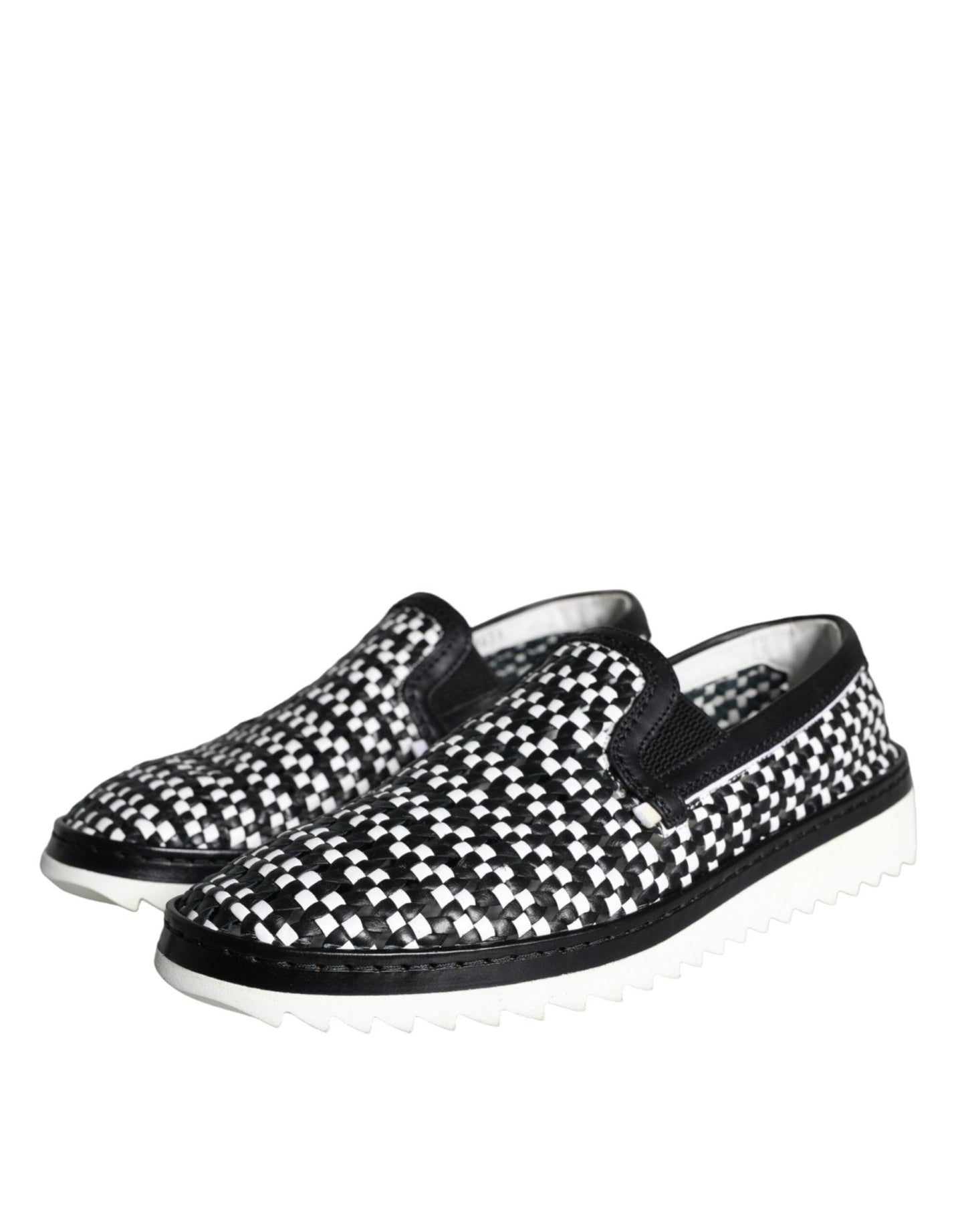 Dolce & Gabbana Black White Weaved Slip On Men Loafers Shoes - SMARTMARTNZ