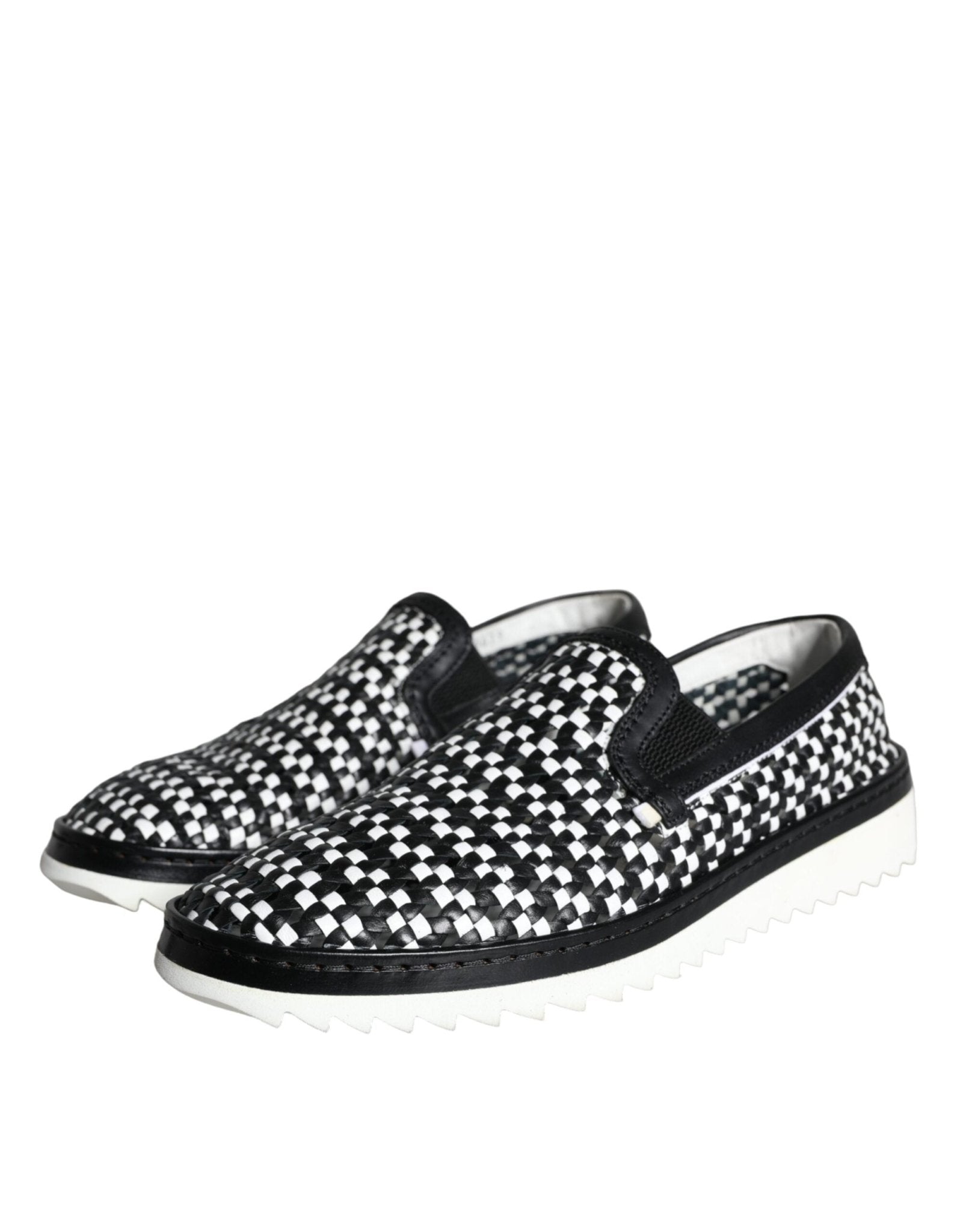 Dolce & Gabbana Black White Weaved Slip On Men Loafers Shoes - SMARTMARTNZ