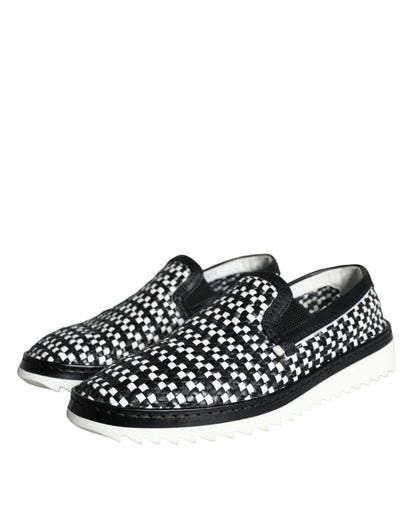 Dolce & Gabbana Black White Weaved Slip On Men Loafers Shoes - SMARTMARTNZ