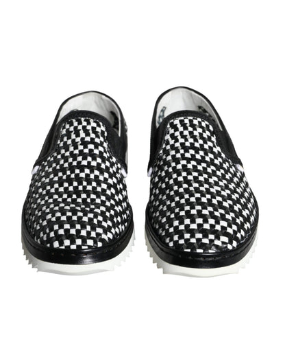 Dolce & Gabbana Black White Weaved Slip On Men Loafers Shoes - SMARTMARTNZ