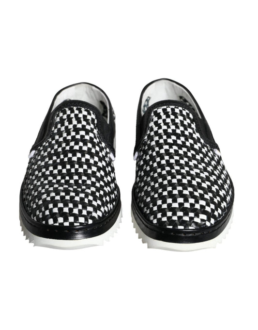 Dolce & Gabbana Black White Weaved Slip On Men Loafers Shoes - SMARTMARTNZ
