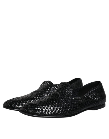 Dolce & Gabbana Black Woven Leather Slip On Loafers Shoes - SMARTMARTNZ