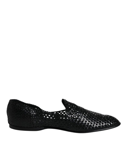 Dolce & Gabbana Black Woven Leather Slip On Loafers Shoes - SMARTMARTNZ