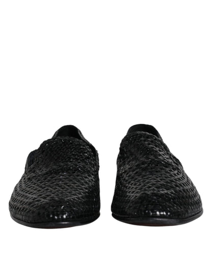 Dolce & Gabbana Black Woven Leather Slip On Loafers Shoes - SMARTMARTNZ