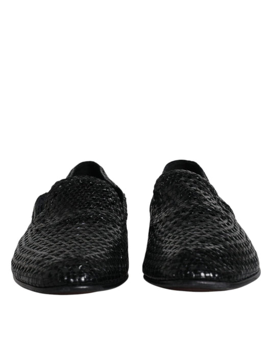 Dolce & Gabbana Black Woven Leather Slip On Loafers Shoes - SMARTMARTNZ