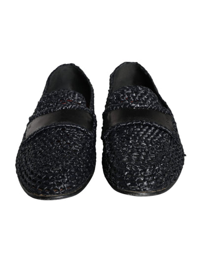 Dolce & Gabbana Black Woven Raffia Slip On Loafers Men Shoes - SMARTMARTNZ