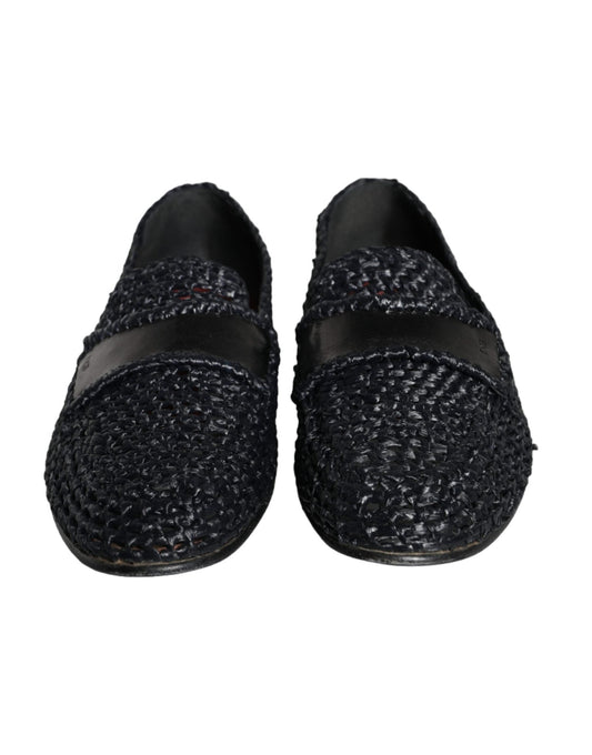 Dolce & Gabbana Black Woven Raffia Slip On Loafers Men Shoes - SMARTMARTNZ