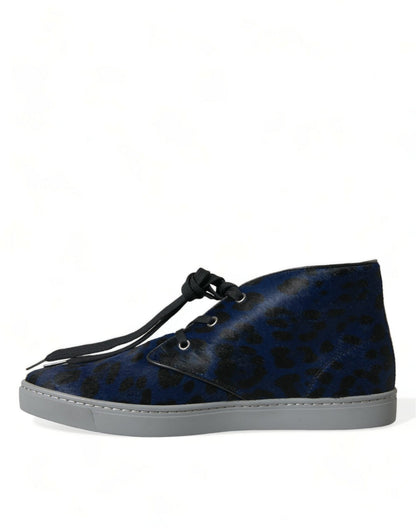Dolce & Gabbana Blue Calfskin Leopard Mid Top Sneakers Shoes - SMARTMARTNZ