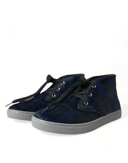 Dolce & Gabbana Blue Calfskin Leopard Mid Top Sneakers Shoes - SMARTMARTNZ