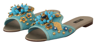 Dolce & Gabbana Blue Crystal Exotic Leather Blue Crystal Sandals - SMARTMARTNZ
