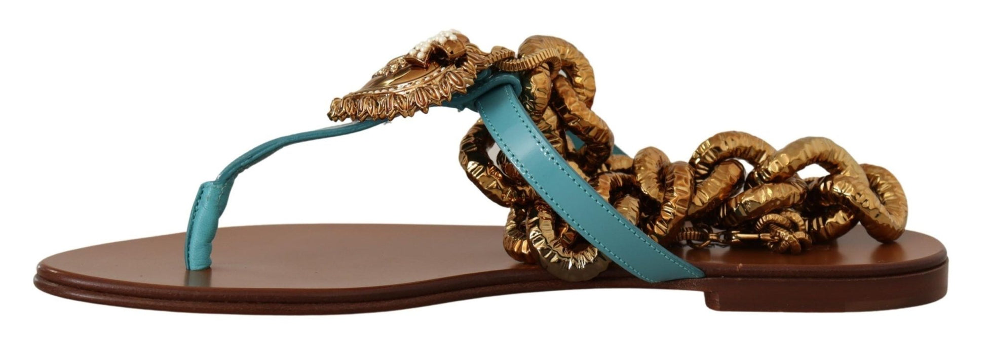 Dolce & Gabbana Blue Leather Devotion Flats Sandals - SMARTMARTNZ