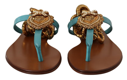 Dolce & Gabbana Blue Leather Devotion Flats Sandals - SMARTMARTNZ