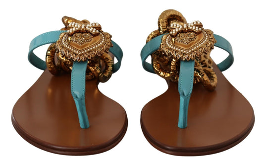 Dolce & Gabbana Blue Leather Devotion Flats Sandals - SMARTMARTNZ