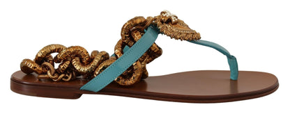 Dolce & Gabbana Blue Leather Devotion Flats Sandals - SMARTMARTNZ