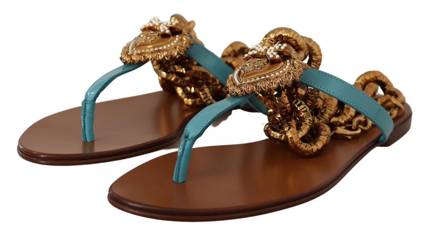 Dolce & Gabbana Blue Leather Devotion Flats Sandals - SMARTMARTNZ