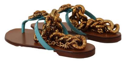 Dolce & Gabbana Blue Leather Devotion Flats Sandals - SMARTMARTNZ