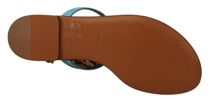 Dolce & Gabbana Blue Leather Devotion Flats Sandals - SMARTMARTNZ