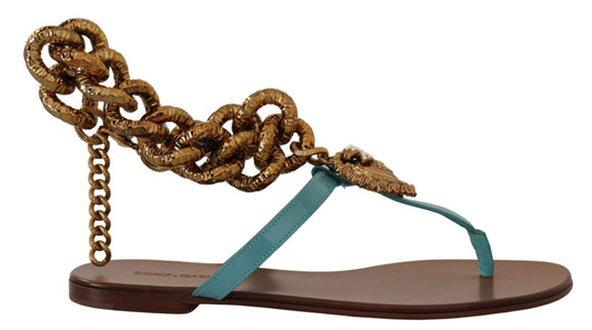 Dolce & Gabbana Blue Leather Devotion Flats Sandals - SMARTMARTNZ