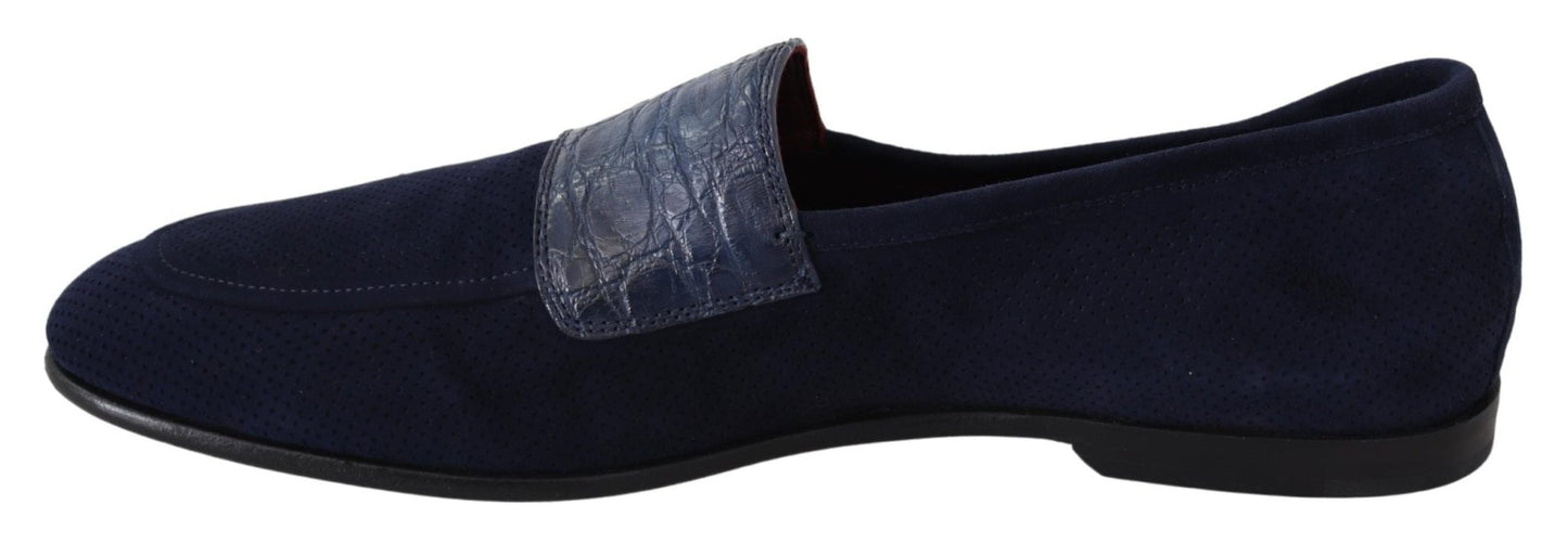 Dolce & Gabbana Blue Suede Caiman Loafers Slippers Shoes - SMARTMARTNZ