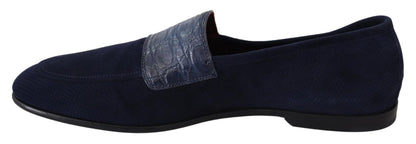 Dolce & Gabbana Blue Suede Caiman Loafers Slippers Shoes - SMARTMARTNZ