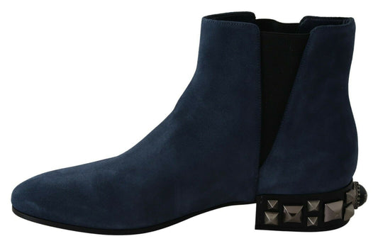Dolce & Gabbana Blue Suede Embellished Studded Boots Shoes - SMARTMARTNZ