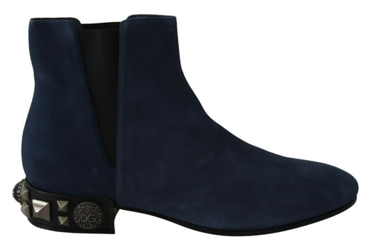 Dolce & Gabbana Blue Suede Embellished Studded Boots Shoes - SMARTMARTNZ