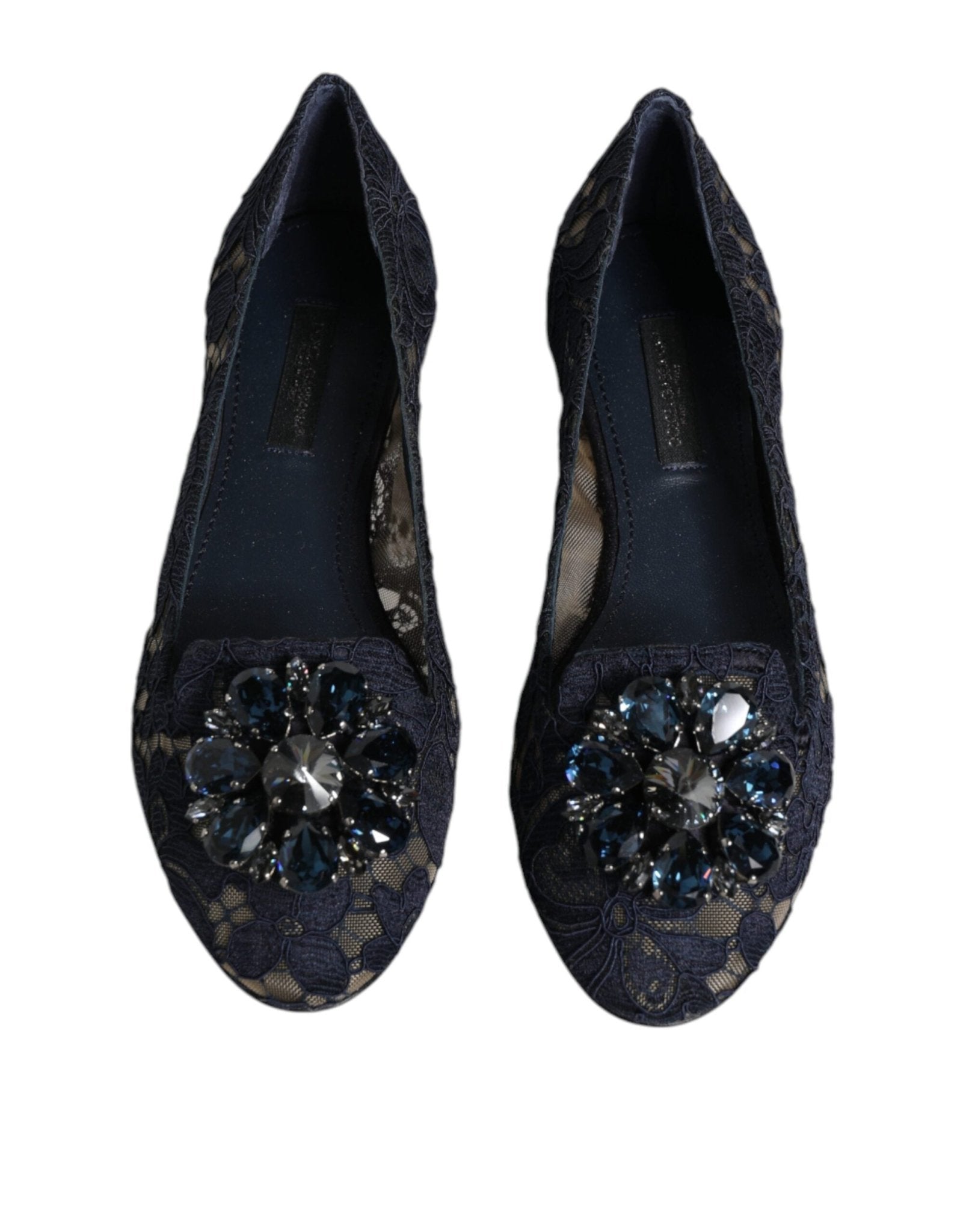 Dolce & Gabbana Blue Taormina Lace Crystals Flats Shoes - SMARTMARTNZ