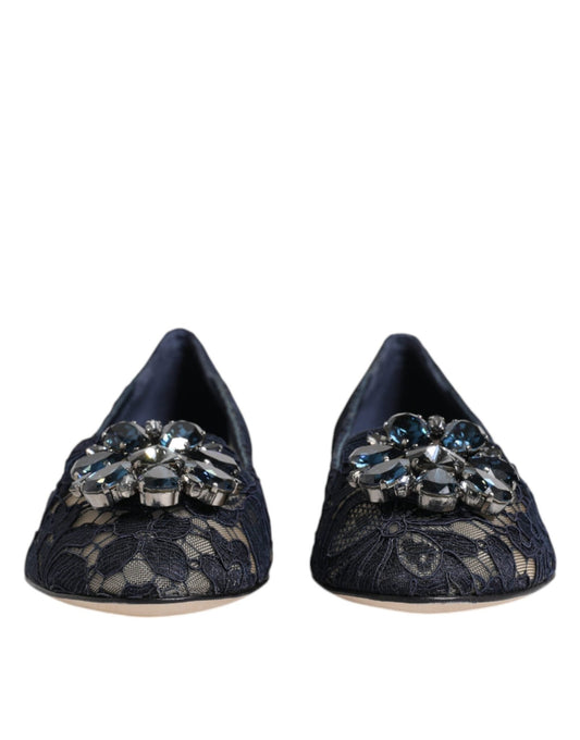 Dolce & Gabbana Blue Taormina Lace Crystals Flats Shoes - SMARTMARTNZ