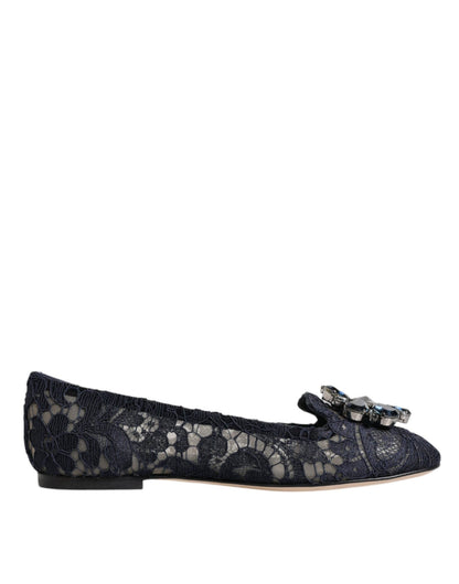 Dolce & Gabbana Blue Taormina Lace Crystals Flats Shoes - SMARTMARTNZ