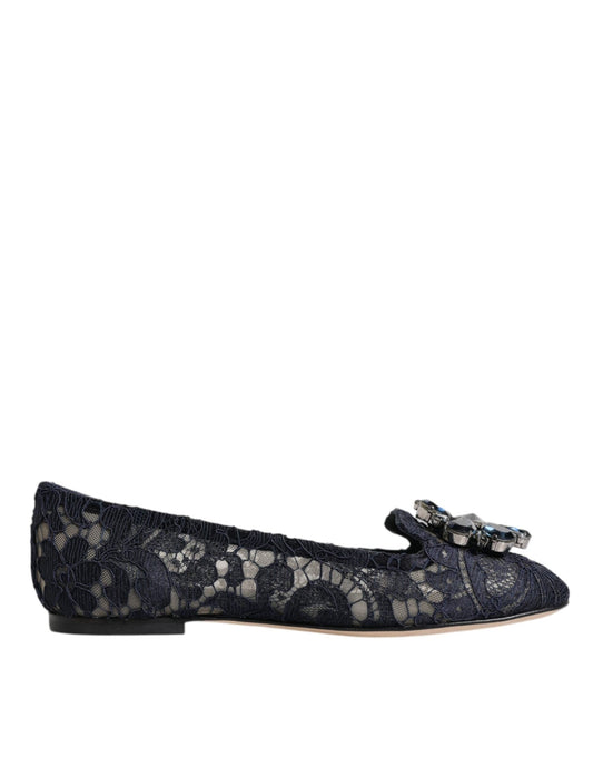 Dolce & Gabbana Blue Taormina Lace Crystals Flats Shoes - SMARTMARTNZ