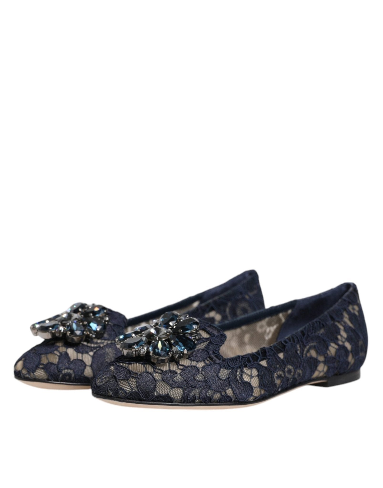 Dolce & Gabbana Blue Taormina Lace Crystals Flats Shoes - SMARTMARTNZ