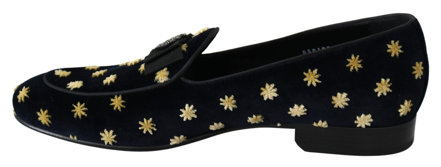 Dolce & Gabbana Blue Velvet Crown Slippers Loafers Shoes - SMARTMARTNZ