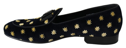 Dolce & Gabbana Blue Velvet Crown Slippers Loafers Shoes - SMARTMARTNZ