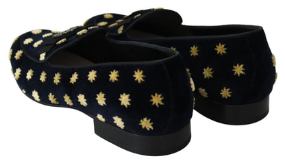 Dolce & Gabbana Blue Velvet Crown Slippers Loafers Shoes - SMARTMARTNZ