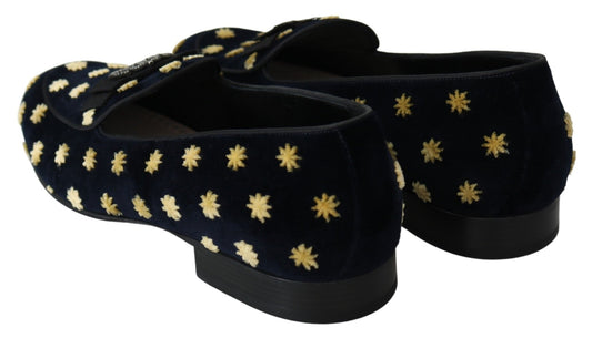 Dolce & Gabbana Blue Velvet Crown Slippers Loafers Shoes - SMARTMARTNZ