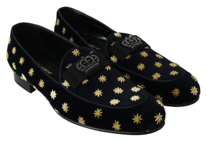 Dolce & Gabbana Blue Velvet Crown Slippers Loafers Shoes - SMARTMARTNZ