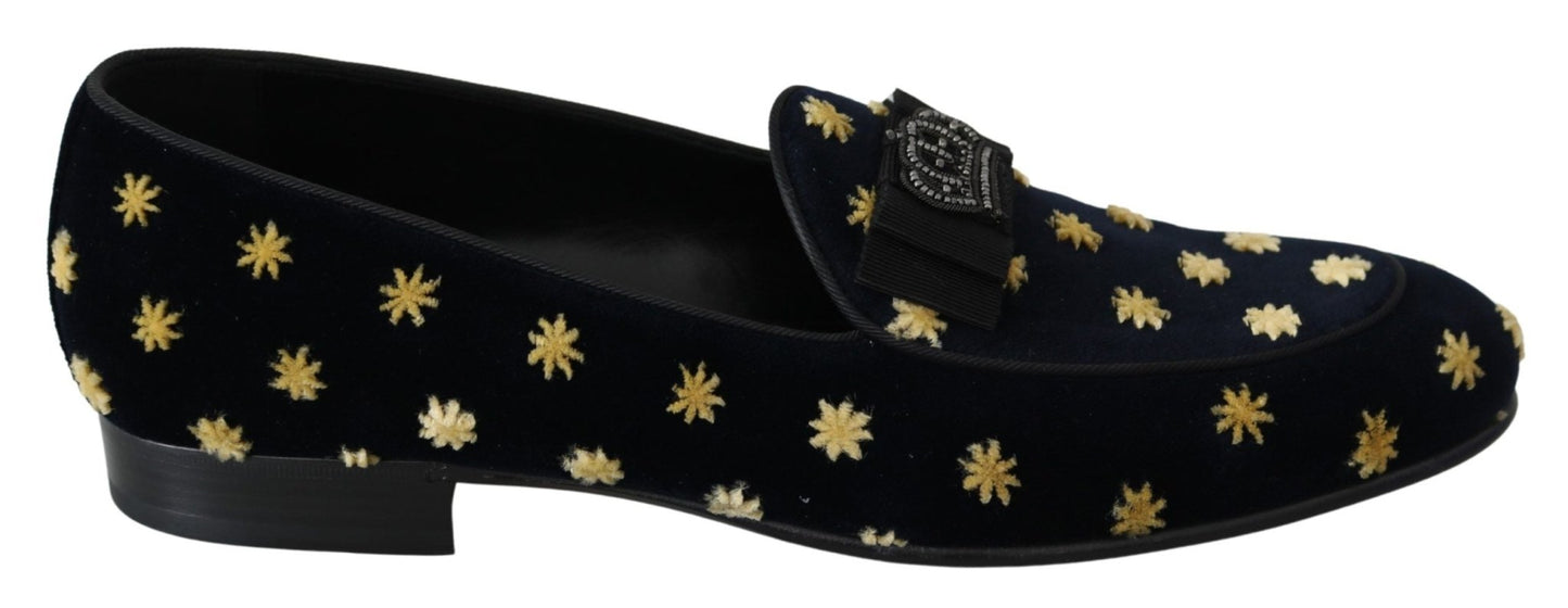 Dolce & Gabbana Blue Velvet Crown Slippers Loafers Shoes - SMARTMARTNZ