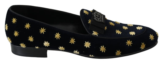Dolce & Gabbana Blue Velvet Crown Slippers Loafers Shoes - SMARTMARTNZ
