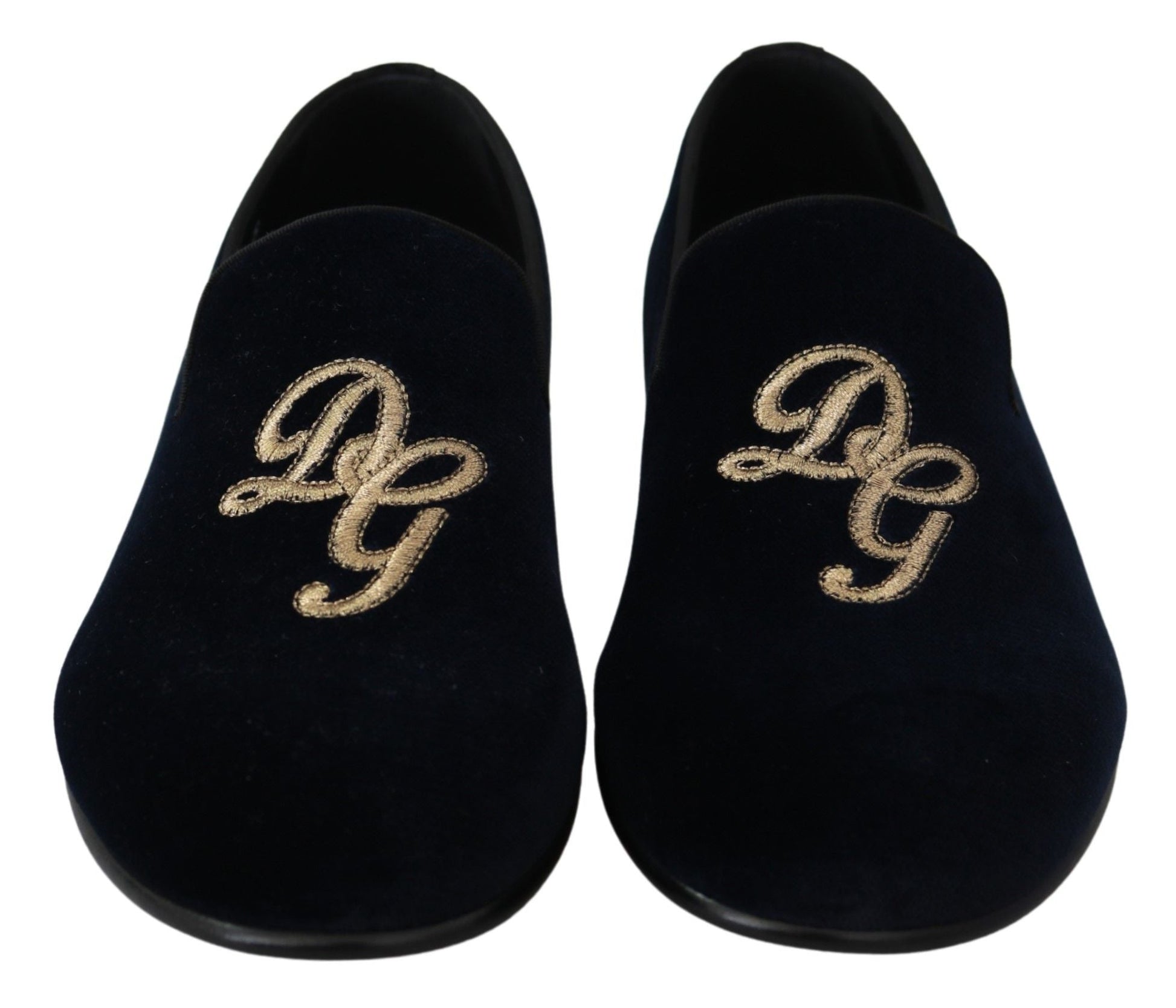 Dolce & Gabbana Blue Velvet Gold Logo Slipper Loafers Shoes - SMARTMARTNZ
