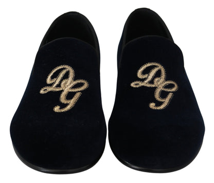Dolce & Gabbana Blue Velvet Gold Logo Slipper Loafers Shoes - SMARTMARTNZ