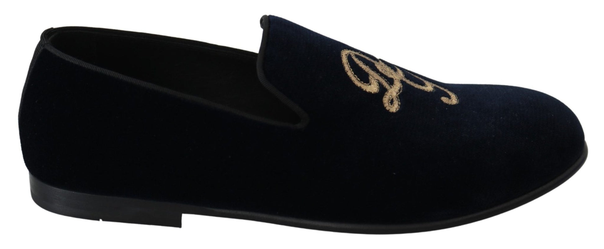 Dolce & Gabbana Blue Velvet Gold Logo Slipper Loafers Shoes - SMARTMARTNZ