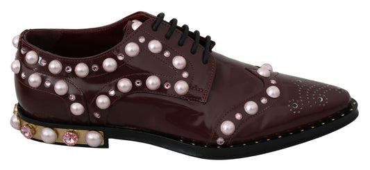 Dolce & Gabbana Bordeaux Leather Crystal Pearls Formal Shoes - SMARTMARTNZ