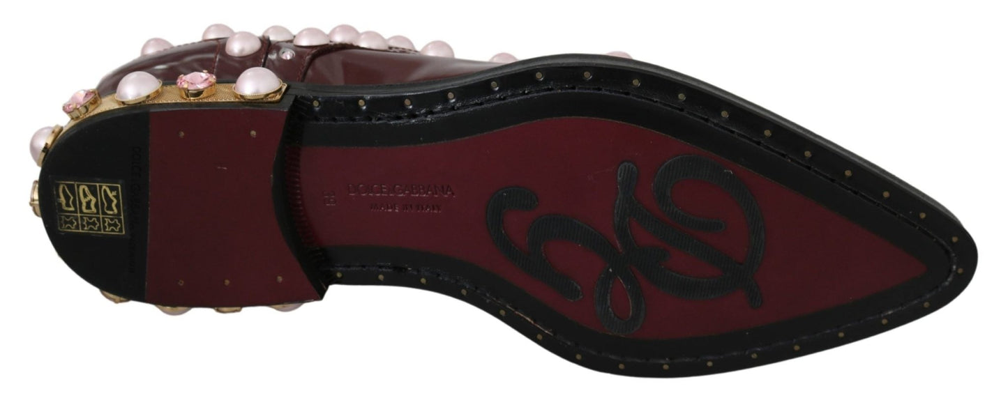 Dolce & Gabbana Bordeaux Leather Crystal Pearls Formal Shoes - SMARTMARTNZ
