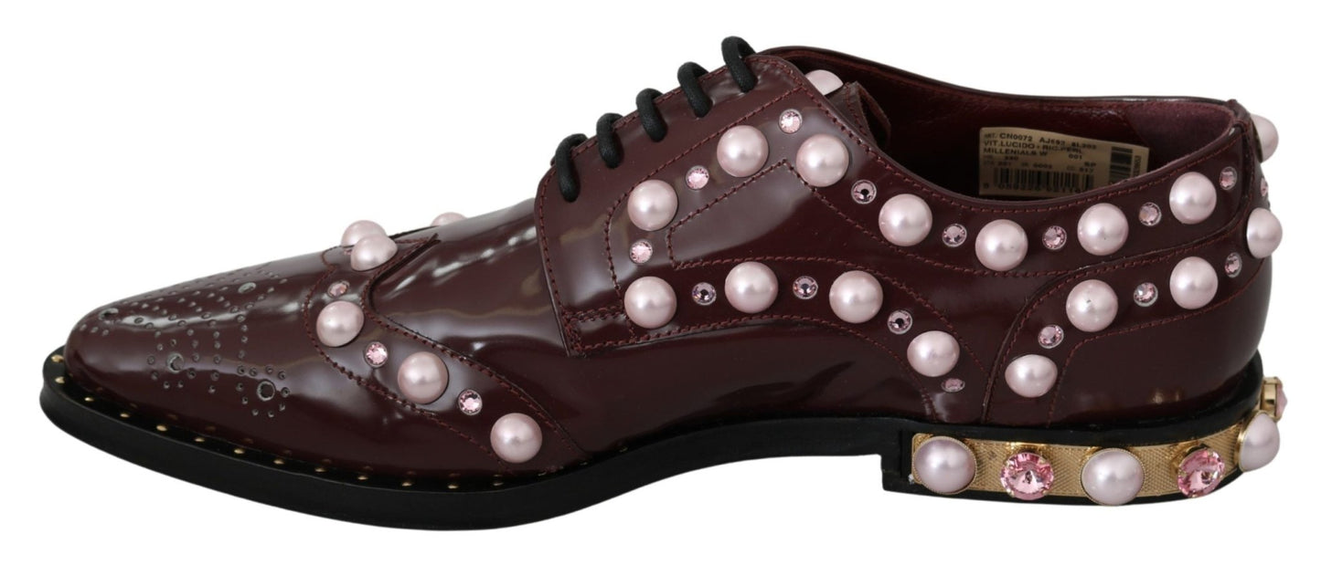 Dolce & Gabbana Bordeaux Leather Crystal Pearls Formal Shoes - SMARTMARTNZ