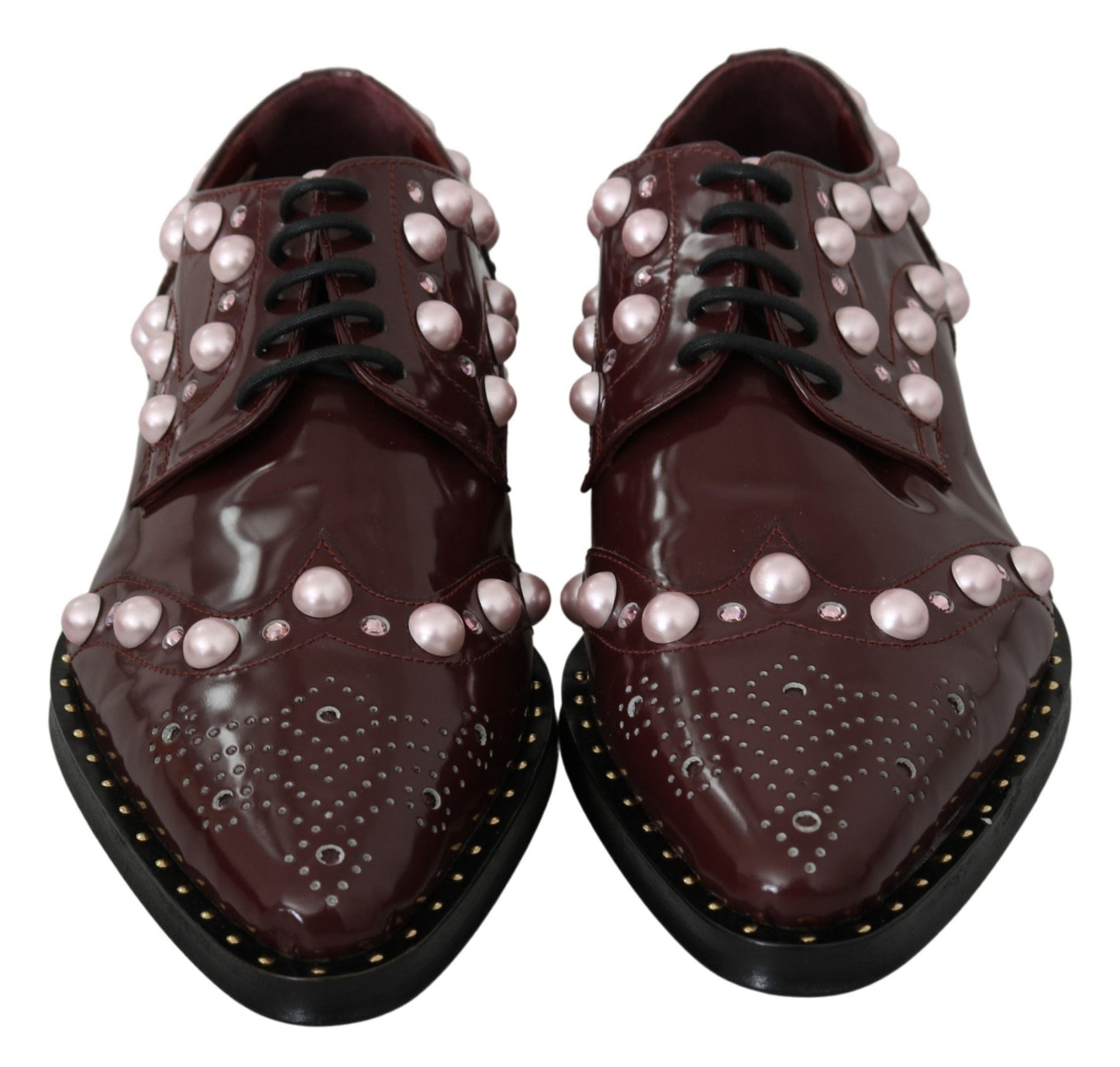Dolce & Gabbana Bordeaux Leather Crystal Pearls Formal Shoes - SMARTMARTNZ