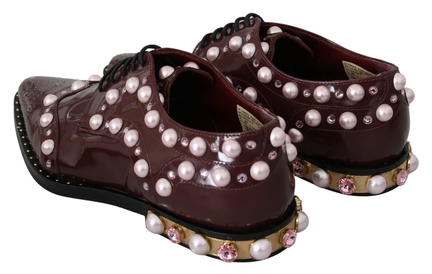 Dolce & Gabbana Bordeaux Leather Crystal Pearls Formal Shoes - SMARTMARTNZ
