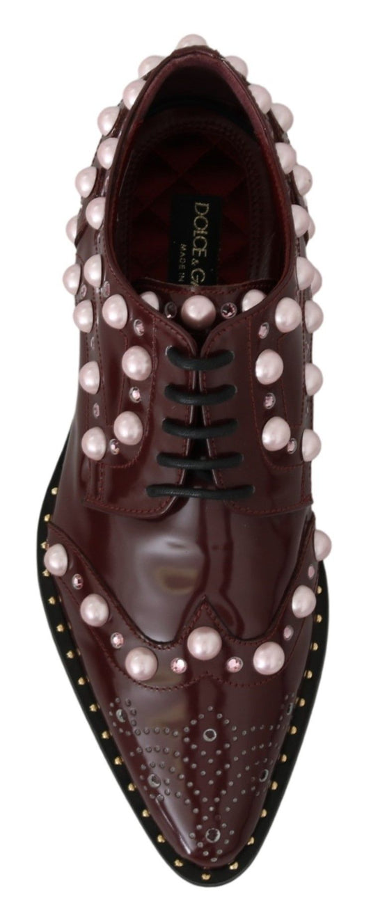 Dolce & Gabbana Bordeaux Leather Crystal Pearls Formal Shoes - SMARTMARTNZ